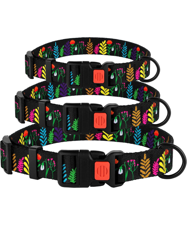 Floral Dog Collar Nylon Pattern Flower Print Adjustable Pet Collars for Dogs Small Medium Large Puppy (Neck Fit 12"-16", Black)