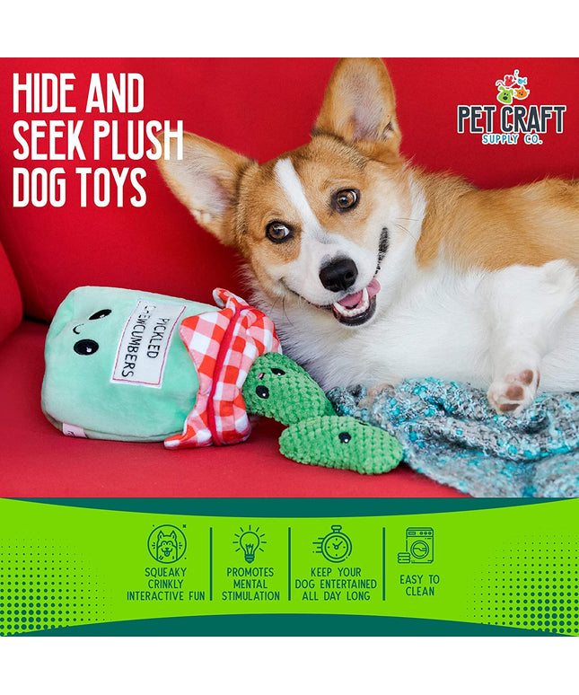Hide and Seek Plush Dog Toys Crinkle Squeaky Interactive Burrow Activity Puzzle Chew Fetch Treat Hiding Brain Stimulating Cute Funny Toy Bundle Pack -Pickles, for Medium Breeds