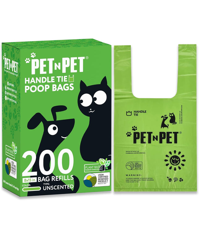 200 Counts Unscented Dog Poop Bags Rolls with Tie Handles, 38% Plant Based & 62% PE Poop Bags for Dogs, Extra-Thick Doggie Poo Bag, Pet Waste Bag