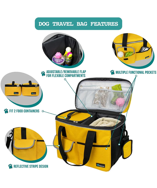 Medium Dog Travel Bag with Food Containers and Bowls, Yellow, 22 L Limit