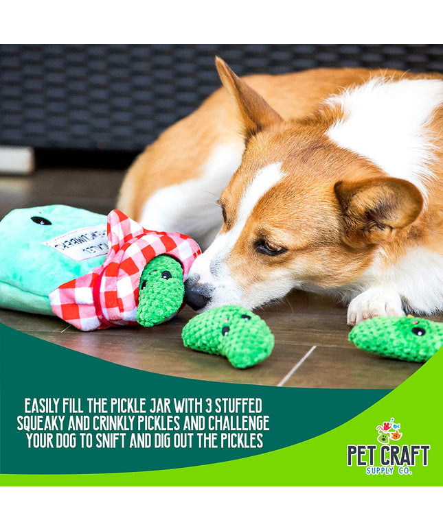 Hide and Seek Plush Dog Toys Crinkle Squeaky Interactive Burrow Activity Puzzle Chew Fetch Treat Hiding Brain Stimulating Cute Funny Toy Bundle Pack -Pickles, for Medium Breeds