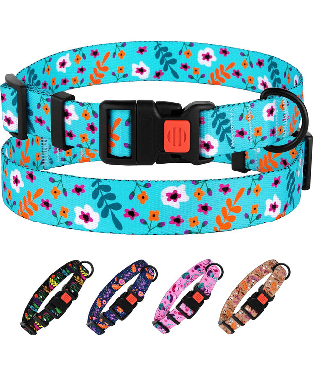 Floral Dog Collar Nylon Pattern Flower Print Adjustable Pet Collars for Dogs Small Medium Large Puppy (Neck Fit 10"-13", Aquamarine)