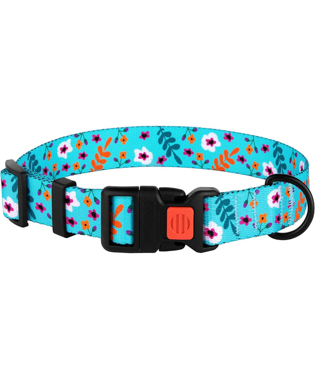 Floral Dog Collar Nylon Pattern Flower Print Adjustable Pet Collars for Dogs Small Medium Large Puppy (Neck Fit 10"-13", Aquamarine)