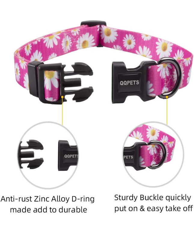 Adjustable Soft Dog Collar: Print Flower Pink Multicolor Cute Patterns for XS Small Medium Large Pet Girl Boy Puppy Walking Running Training (S, Small Daisies)