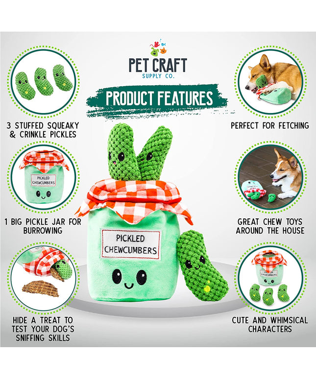 Hide and Seek Plush Dog Toys Crinkle Squeaky Interactive Burrow Activity Puzzle Chew Fetch Treat Hiding Brain Stimulating Cute Funny Toy Bundle Pack -Pickles, for Medium Breeds